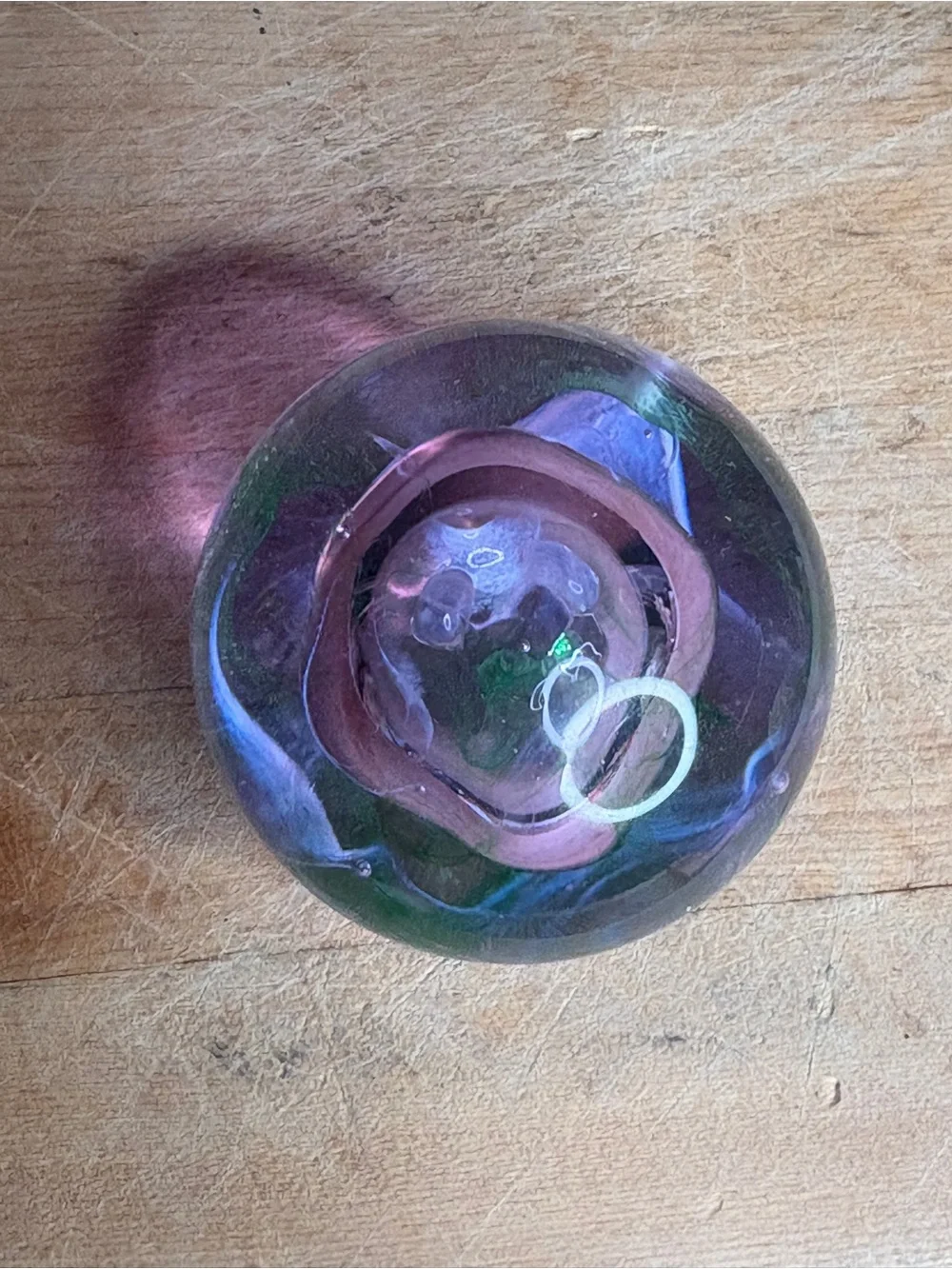 Caithness Scotland Moon Crystal Handblown Paperweight With Purple & Green Swirls